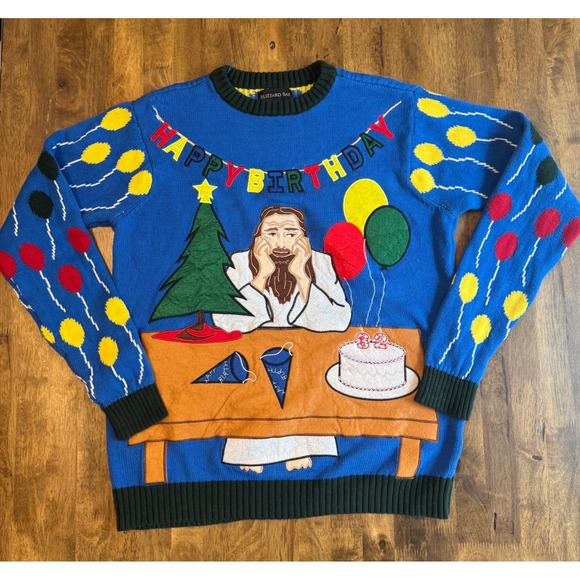 Blizzard Bay Funny Jesus Happy Birthday Ugly Christmas‎ Sweater Novelty Small - Picture 1 of 6